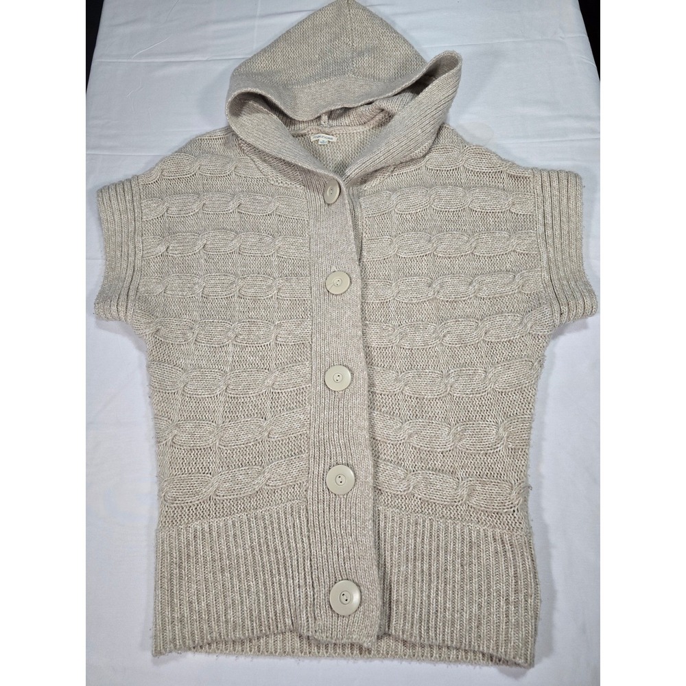 Vintage Y2K Maurices Womens Medium Beige Cable Knit Hooded Short Sleeve Cardigan
